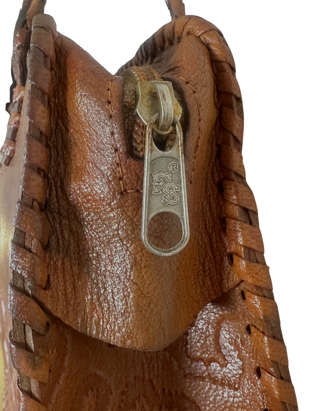 Vintage 70s Whipstitch Embossed Brown Genuine Leather Handbag