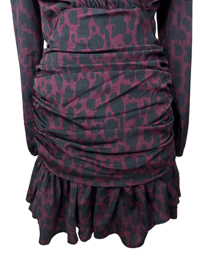 Plum Leopard Print Ruched Faux-Wrap Dress