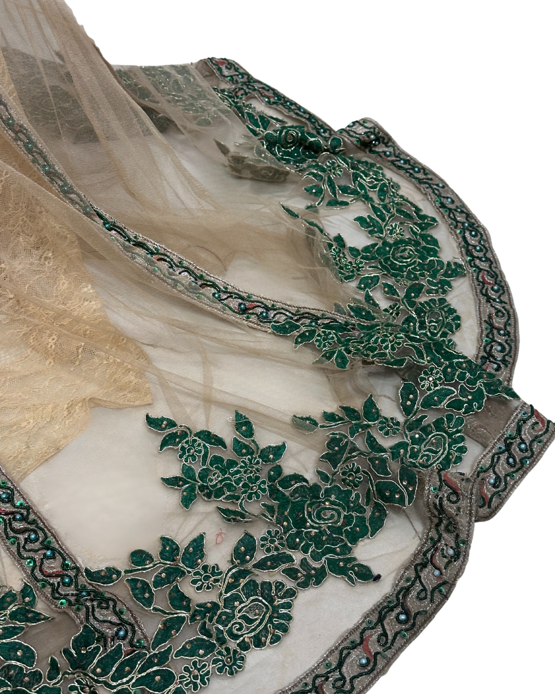 Gold Multi-Layer Lace Gown with Emerald Hand Embroidery