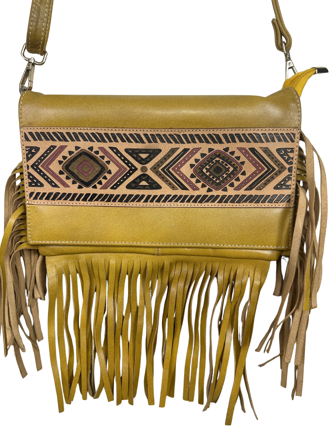 Aztec Pattern Mustard Fringed Crossbody Bag