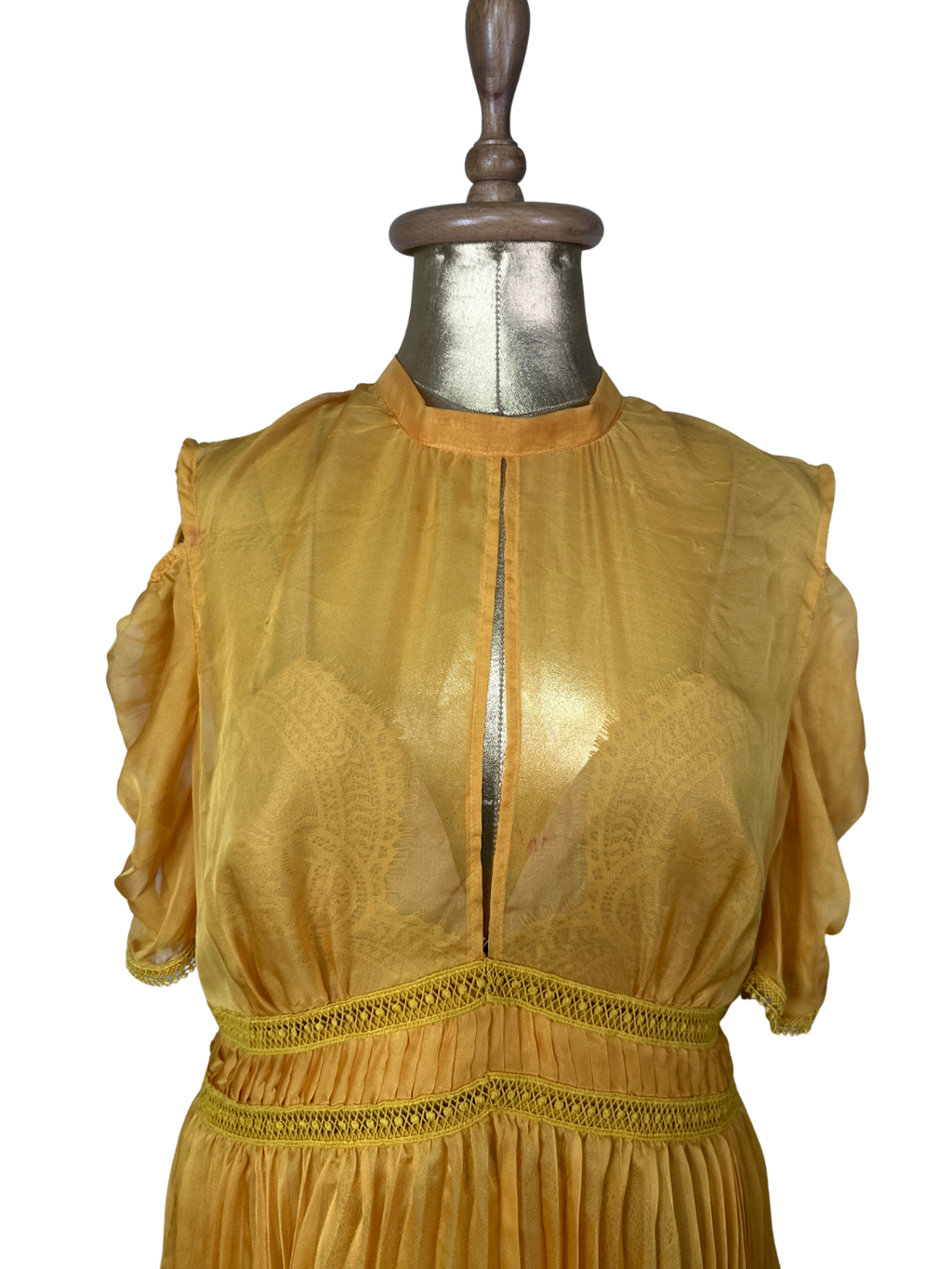 Self-Portrait Mustard Cold-Shoulder Chiffon Pleated Dress