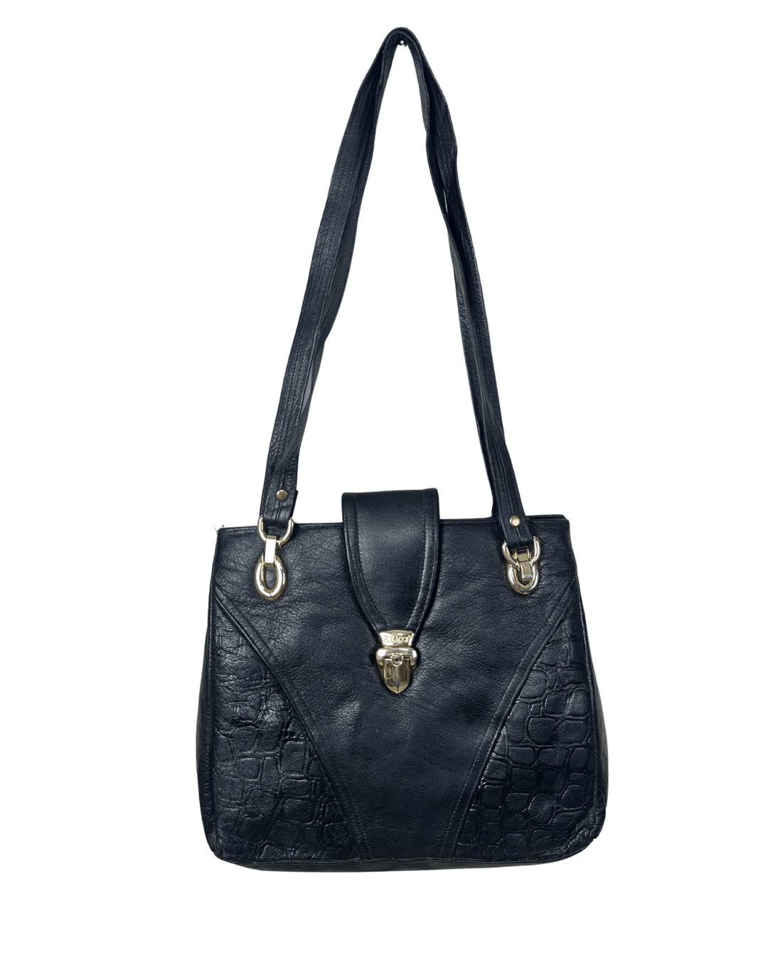 90s Genuine Leather Shoulder Bag with Gold Lock Detail - Funkify