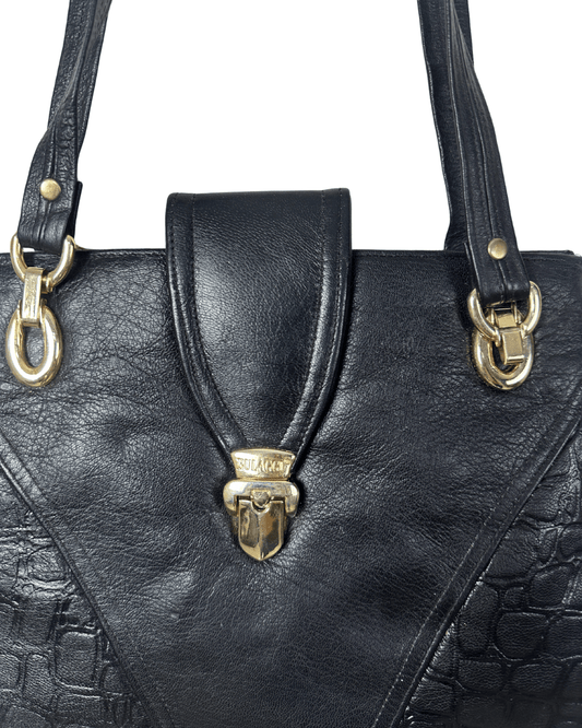 90s Genuine Leather Shoulder Bag with Gold Lock Detail - Funkify