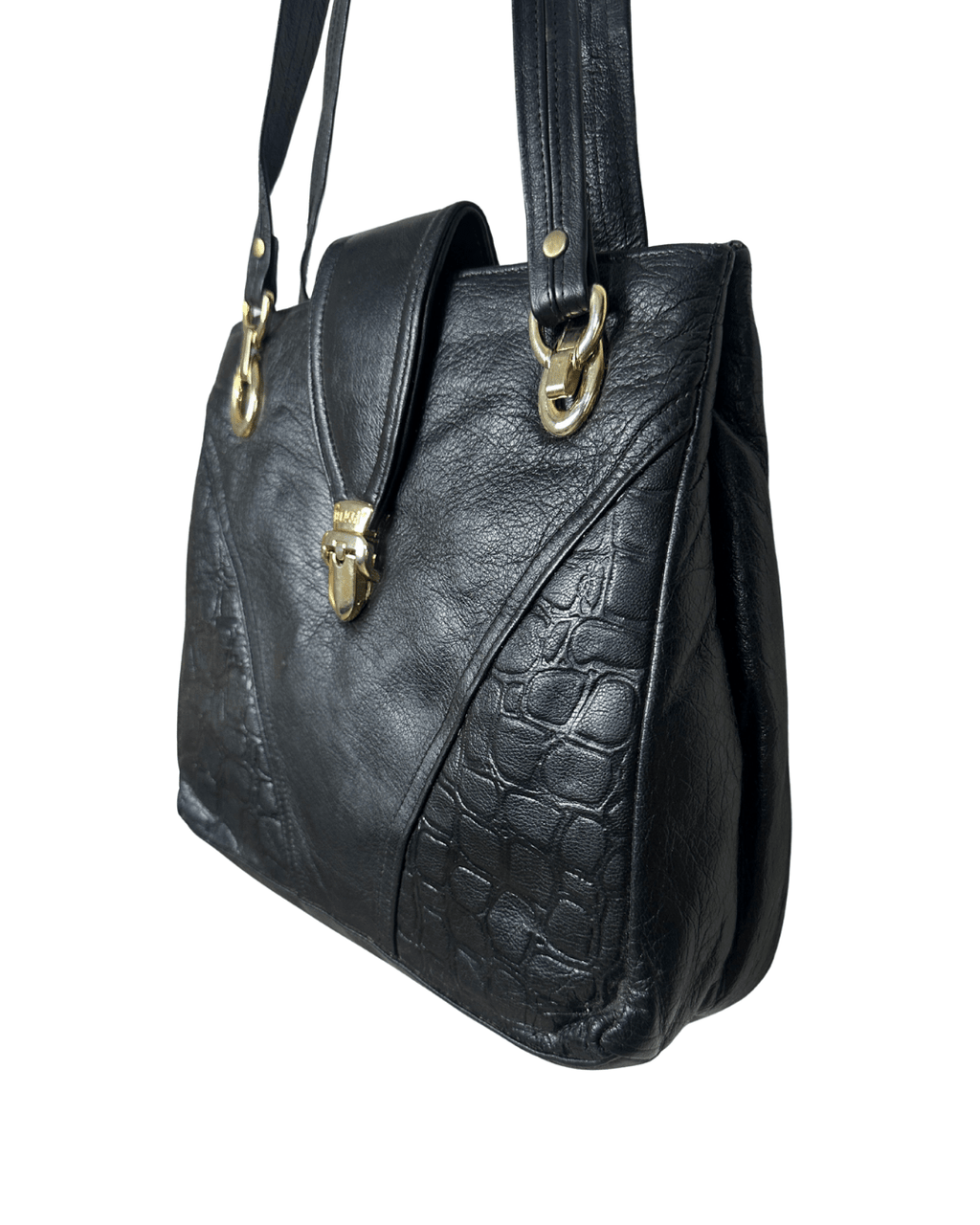 90s Genuine Leather Shoulder Bag with Gold Lock Detail - Funkify