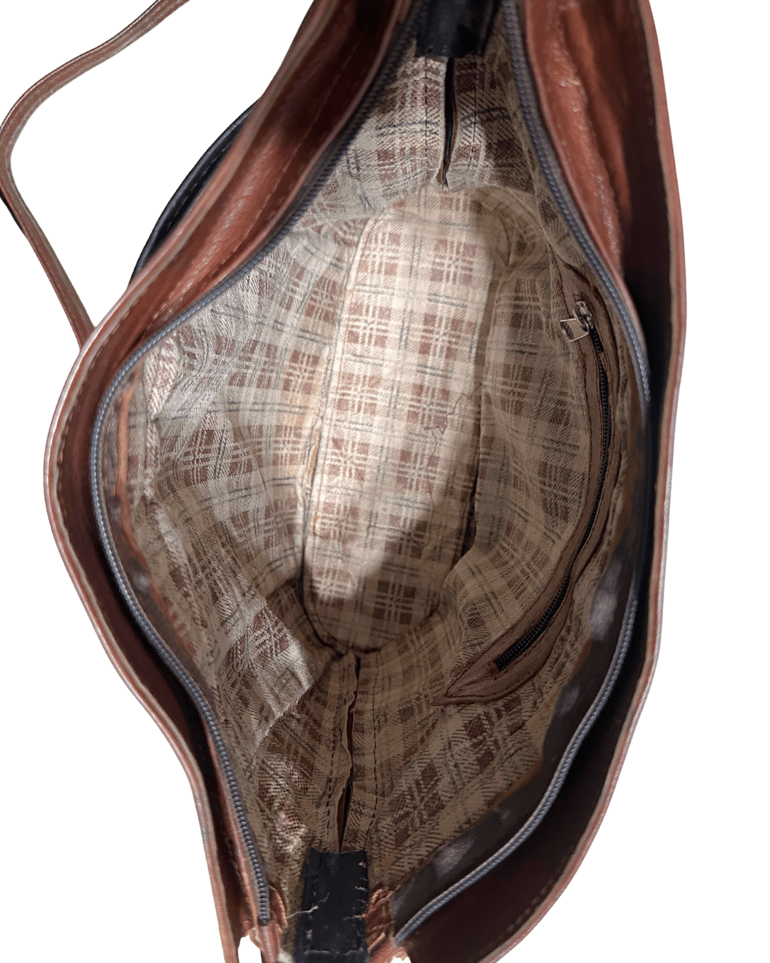 90s Grunge Slouchy Genuine Leather Bag with Plaid Lining - Funkify