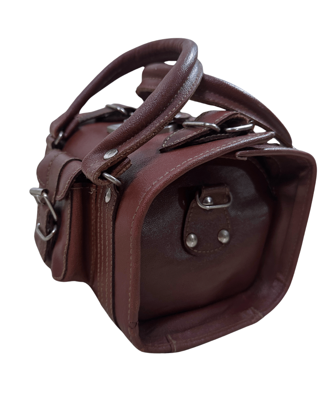 90s Multi-Buckle Cylinder Leather Crossbody Bag with Top Handle - Funkify