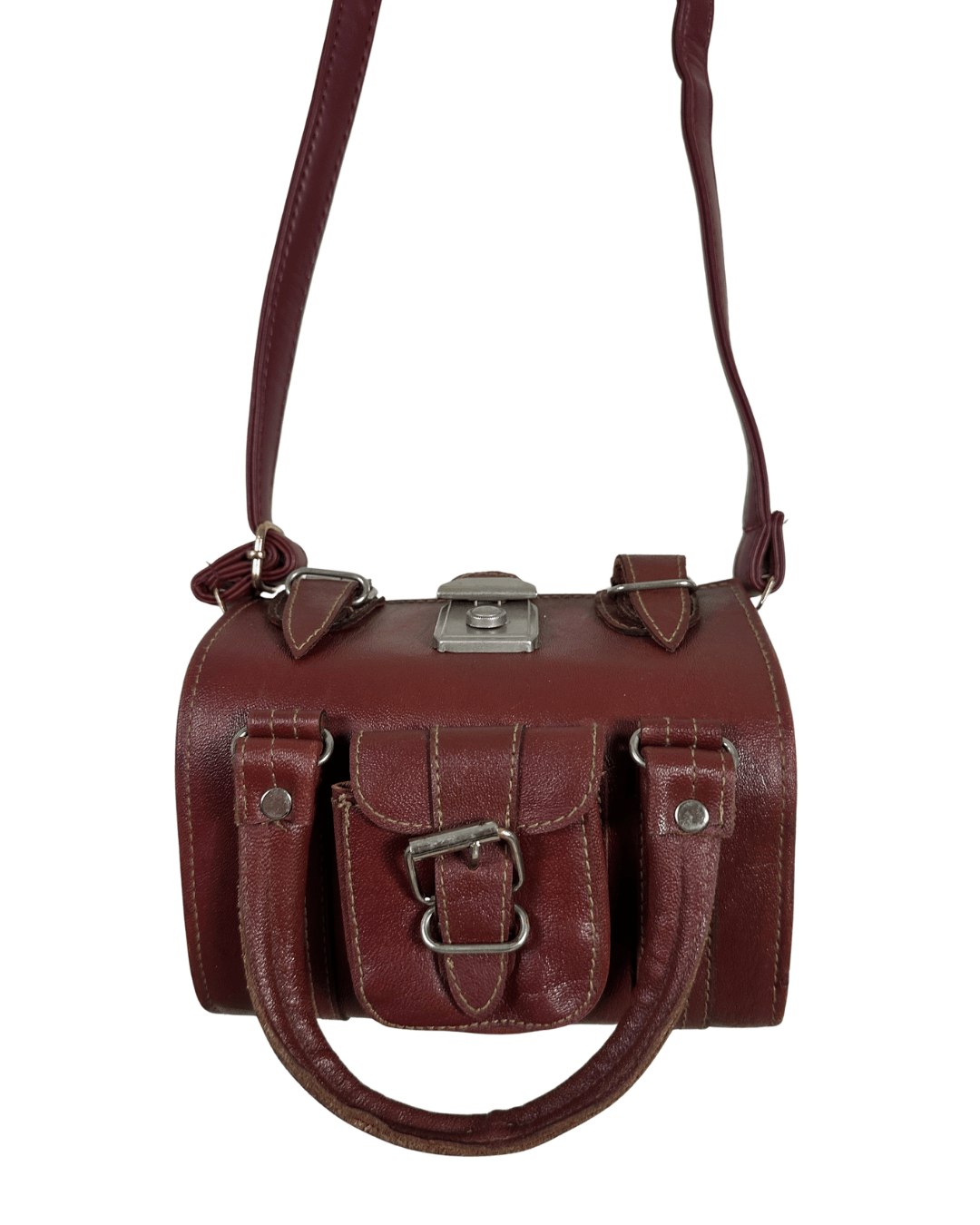 90s Multi-Buckle Cylinder Leather Crossbody Bag with Top Handle - Funkify
