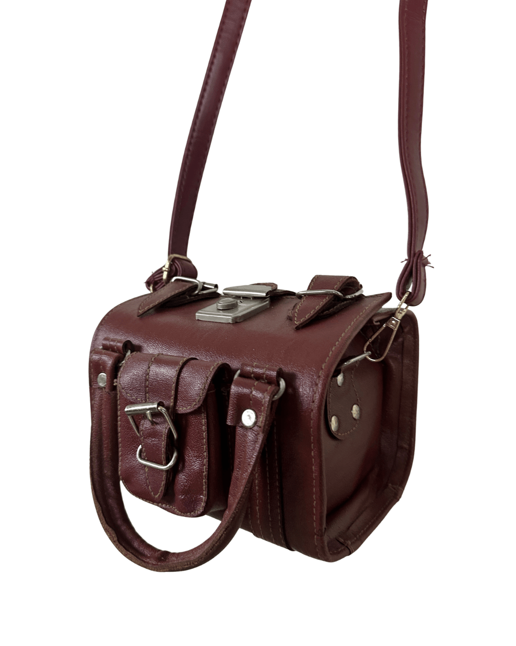 90s Multi-Buckle Cylinder Leather Crossbody Bag with Top Handle - Funkify