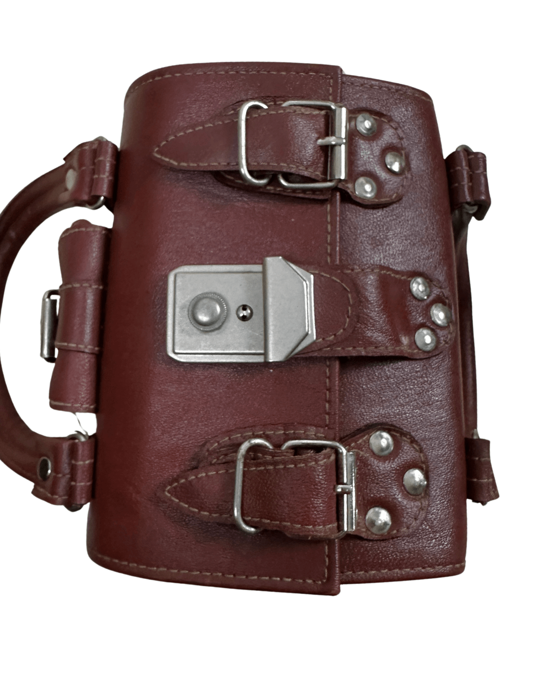 90s Multi-Buckle Cylinder Leather Crossbody Bag with Top Handle - Funkify