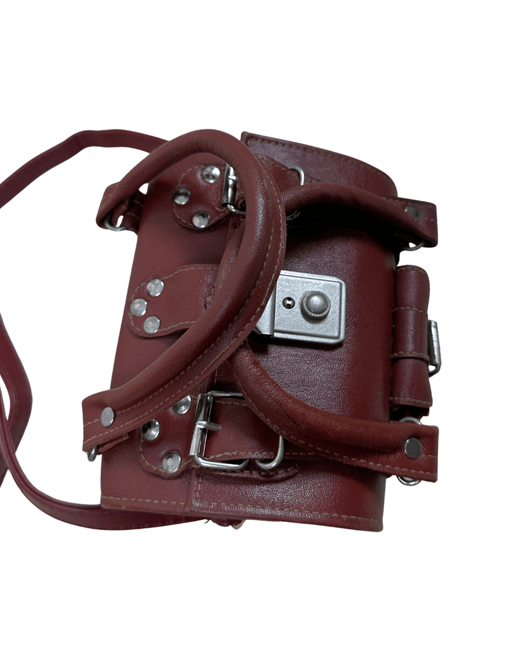 90s Multi-Buckle Cylinder Leather Crossbody Bag with Top Handle - Funkify