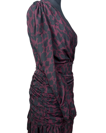 Plum Leopard Print Ruched Faux-Wrap Dress