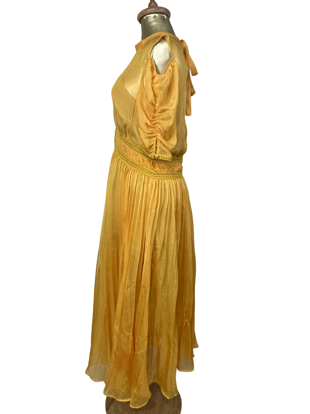 Self-Portrait Mustard Cold-Shoulder Chiffon Pleated Dress