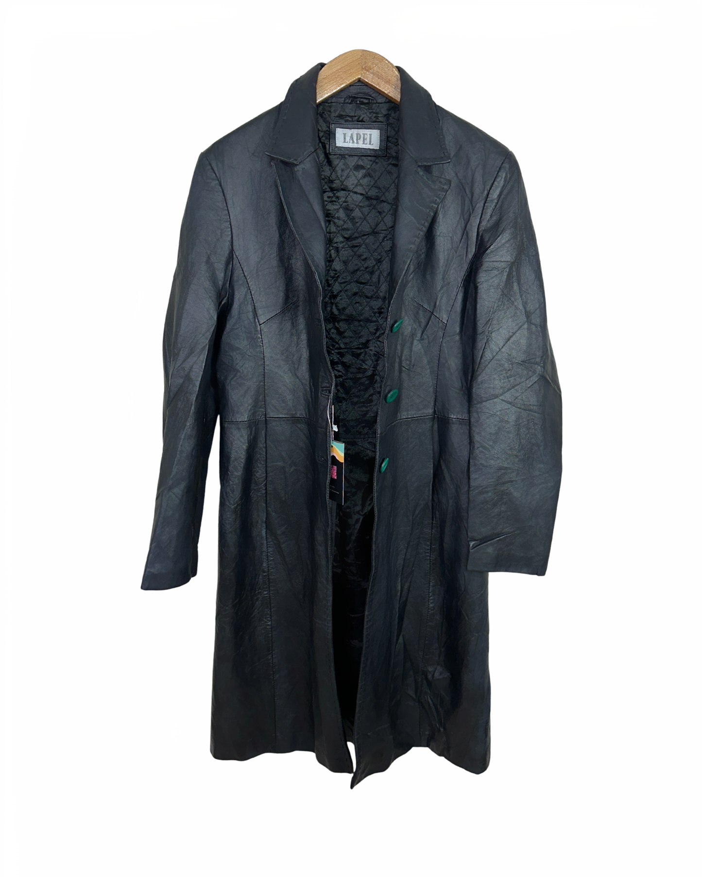 Black coat on a hanger with a white background