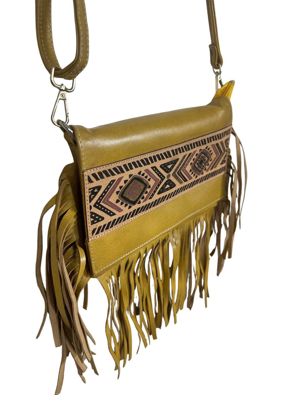Aztec Pattern Mustard Fringed Crossbody Bag