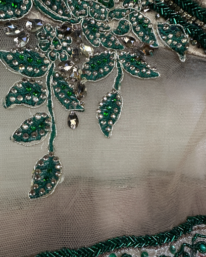 Gold Multi-Layer Lace Gown with Emerald Hand Embroidery