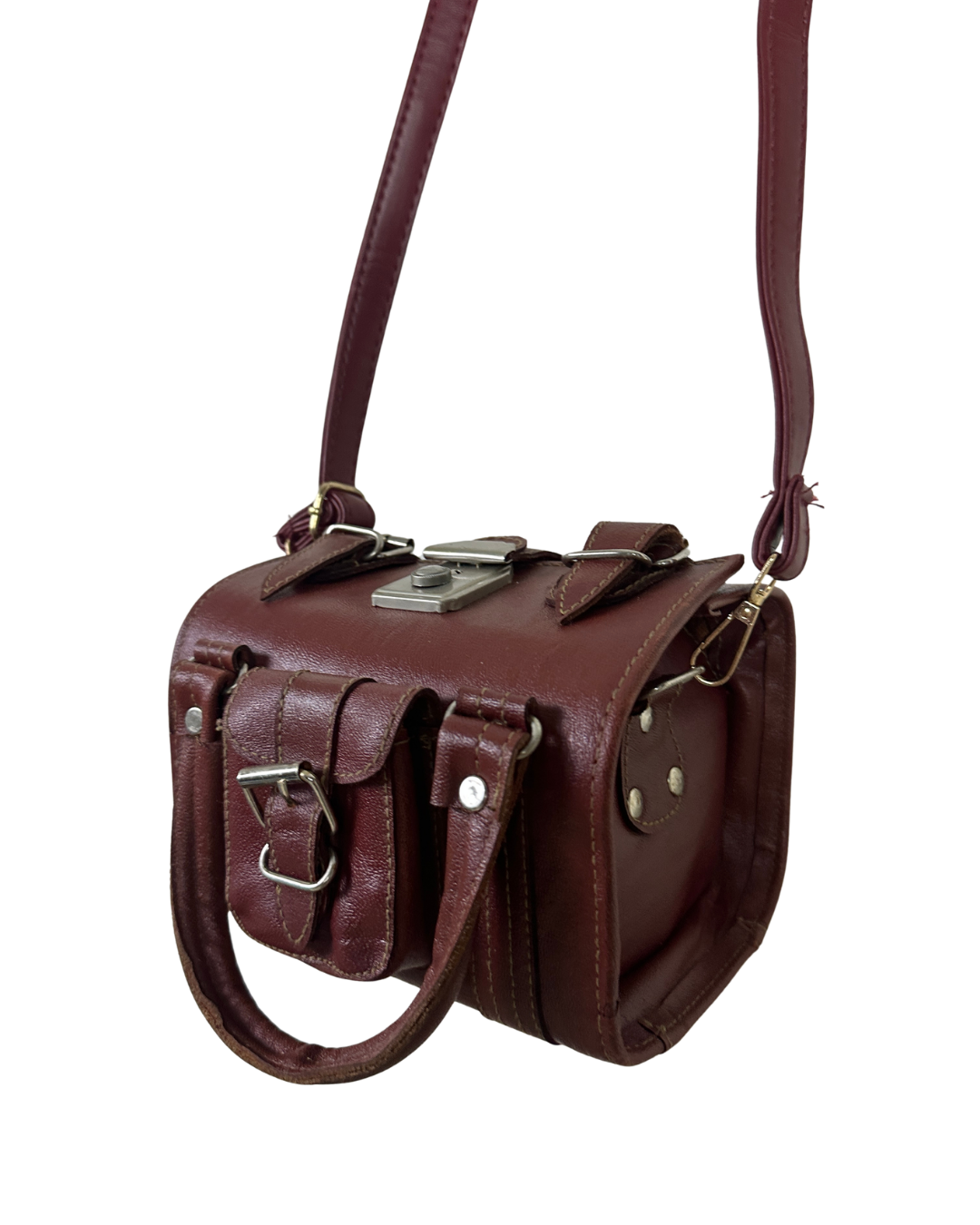 90s Multi-Buckle Cylinder Leather Crossbody Bag with Top Handle