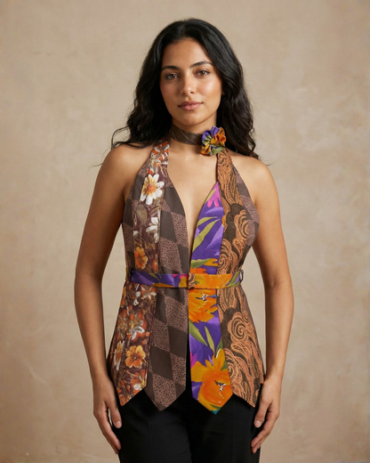 Handmade Upcycled Necktie Halter Vest Top with Corset Back & Choker M-XL