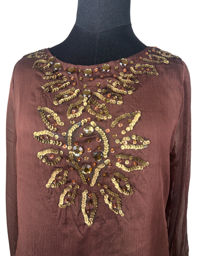 Sequin Embroidered Asymmetrical Blouse with Bell Sleeves