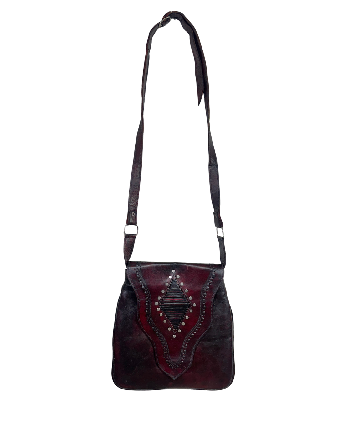 Y2K Western Oxblood Genuine Leather Shoulder Bag with Stitched Detail