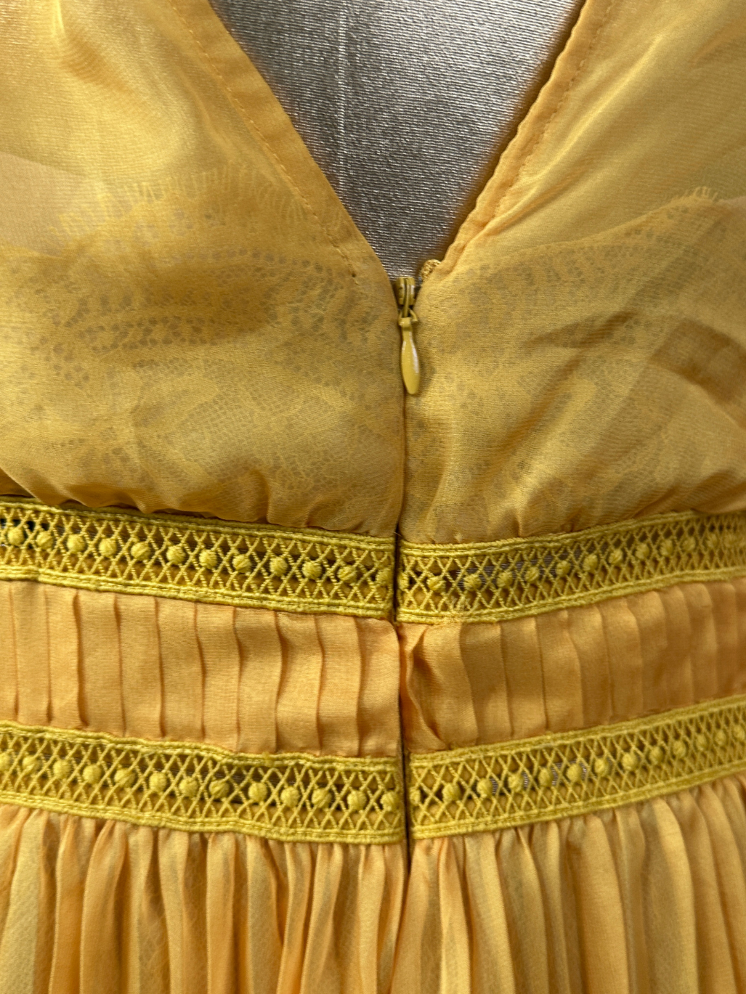 Self-Portrait Mustard Cold-Shoulder Chiffon Pleated Dress
