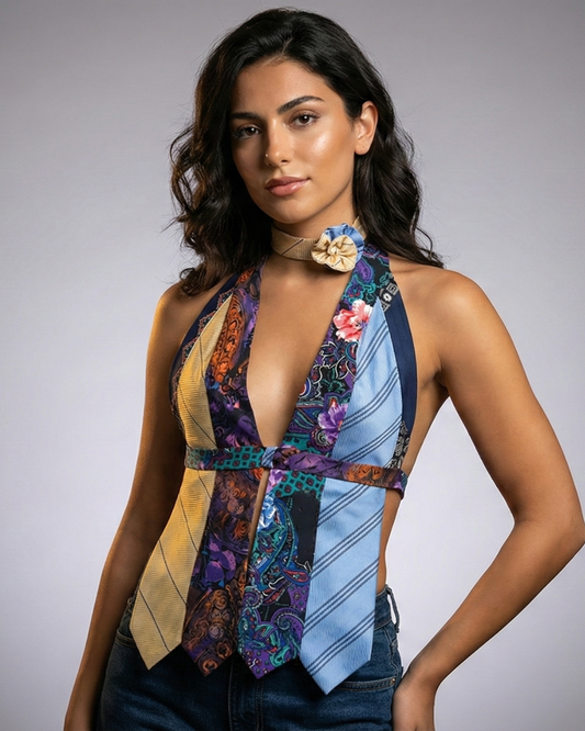 Handmade Upcycled Necktie Halter Vest Top with Choker XS-M