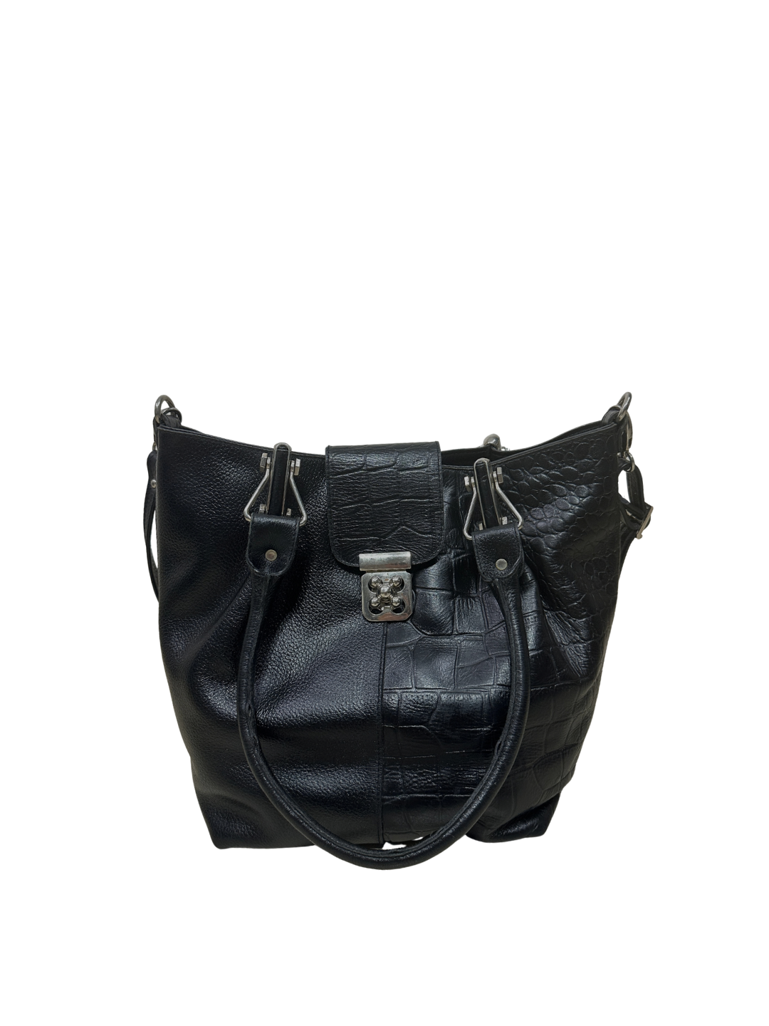 Mixed-Texture Genuine Leather  Shoulder Bag with Strap