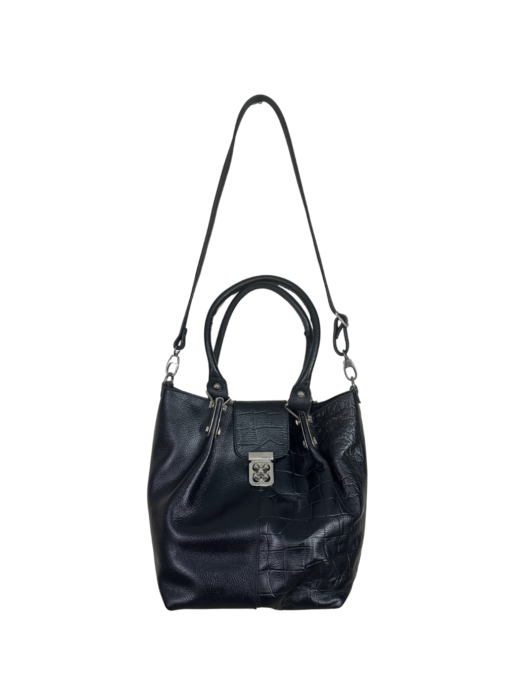 Mixed-Texture Genuine Leather  Shoulder Bag with Strap