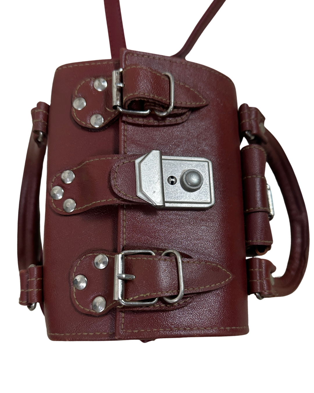 90s Multi-Buckle Cylinder Leather Crossbody Bag with Top Handle