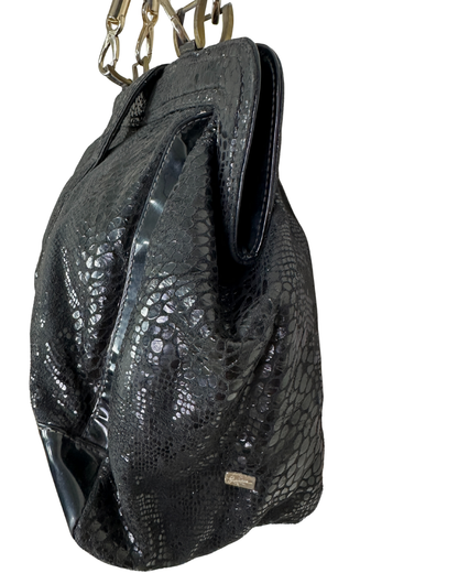 Vintage Black Faux Snakeskin Top-Handle Bag with Gold Buckle
