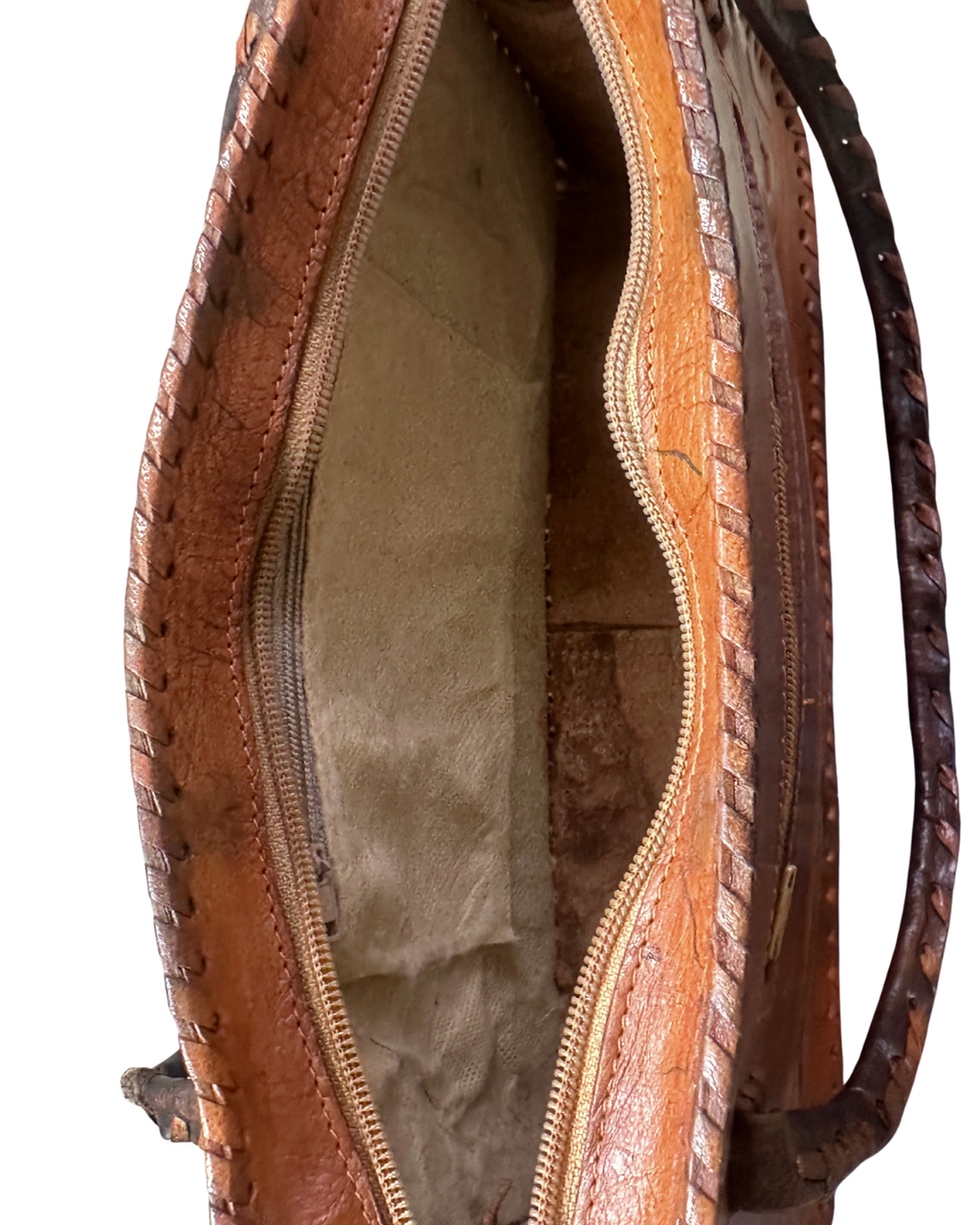 Vintage 70s Whipstitch Embossed Brown Genuine Leather Handbag