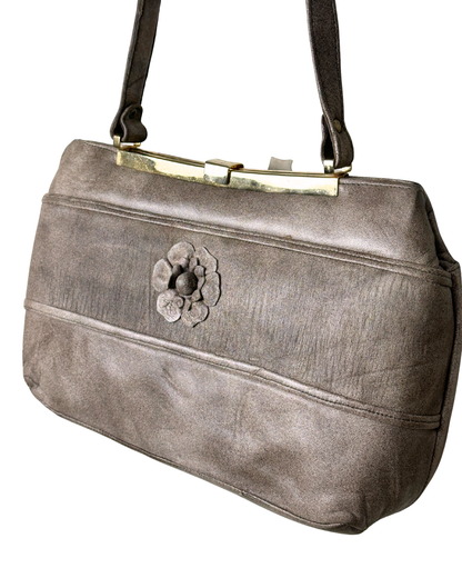 Vintage Genuine Leather Shoulder Bag with Floral Accent