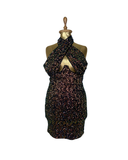 Multicolor Sequin Keyhole Front Halter Mini Dress - UK 12