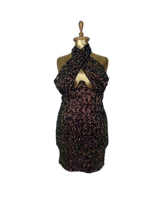 Multicolor Sequin Keyhole Front Halter Mini Dress - UK 12