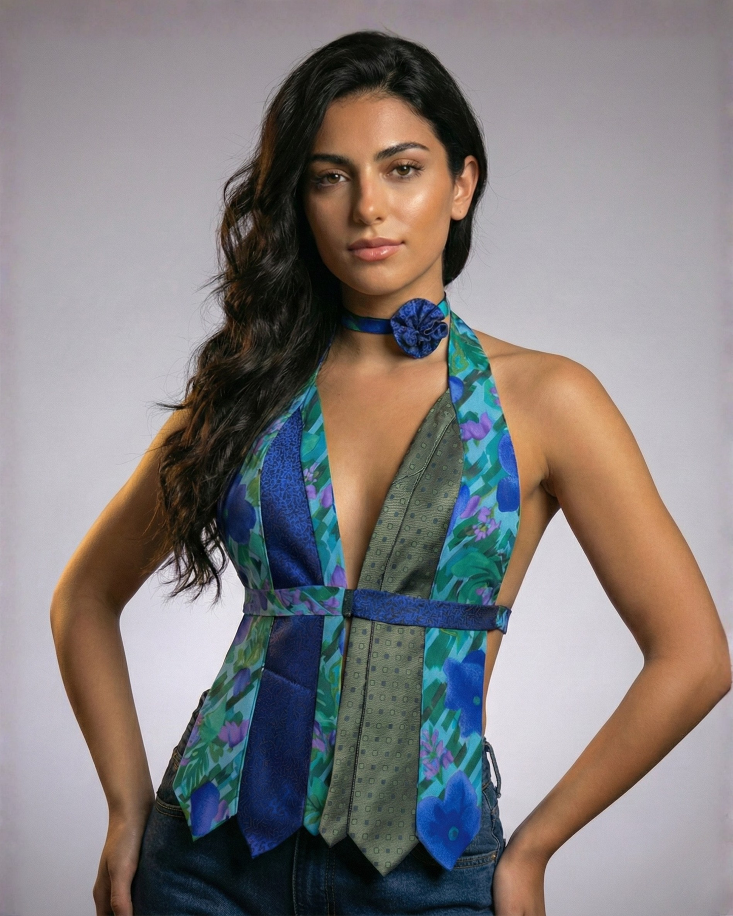 Handmade Upcycled Necktie Halter Vest Top with Choker - XS to Medium