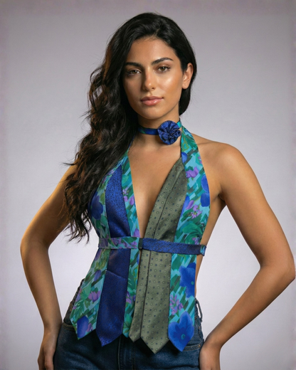 Handmade Upcycled Necktie Halter Vest Top with Choker - XS to Medium