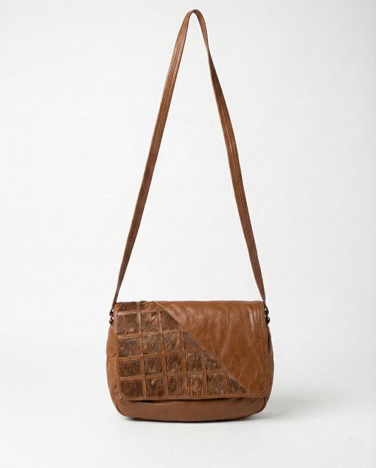 Vintage Tan Leather Messenger Crossbody Bag w/ Hair-On Cowhide Panel