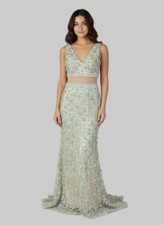 Ivory & Mint Fairycore 3D Floral Appliqués Pearl Beaded Gown