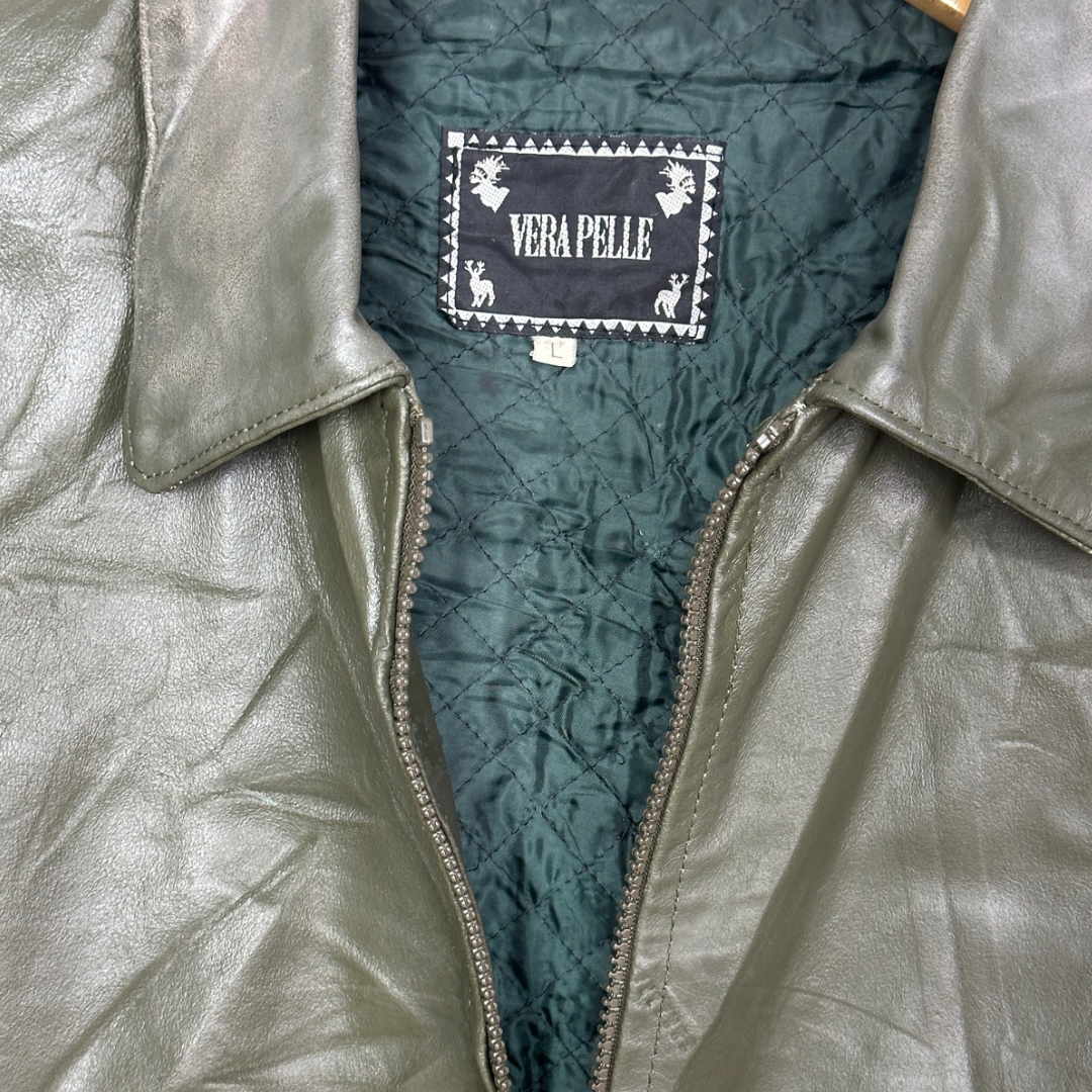 Vintage Genuine Leather Olive Green Coat Large