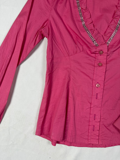 Viva Boutique Couture Hot Pink Rhinestone Trim Ruffle Neck Fitted Shirt -  Small