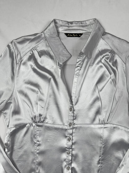 Vintage Silver Satin Fitted Shirt Medium
