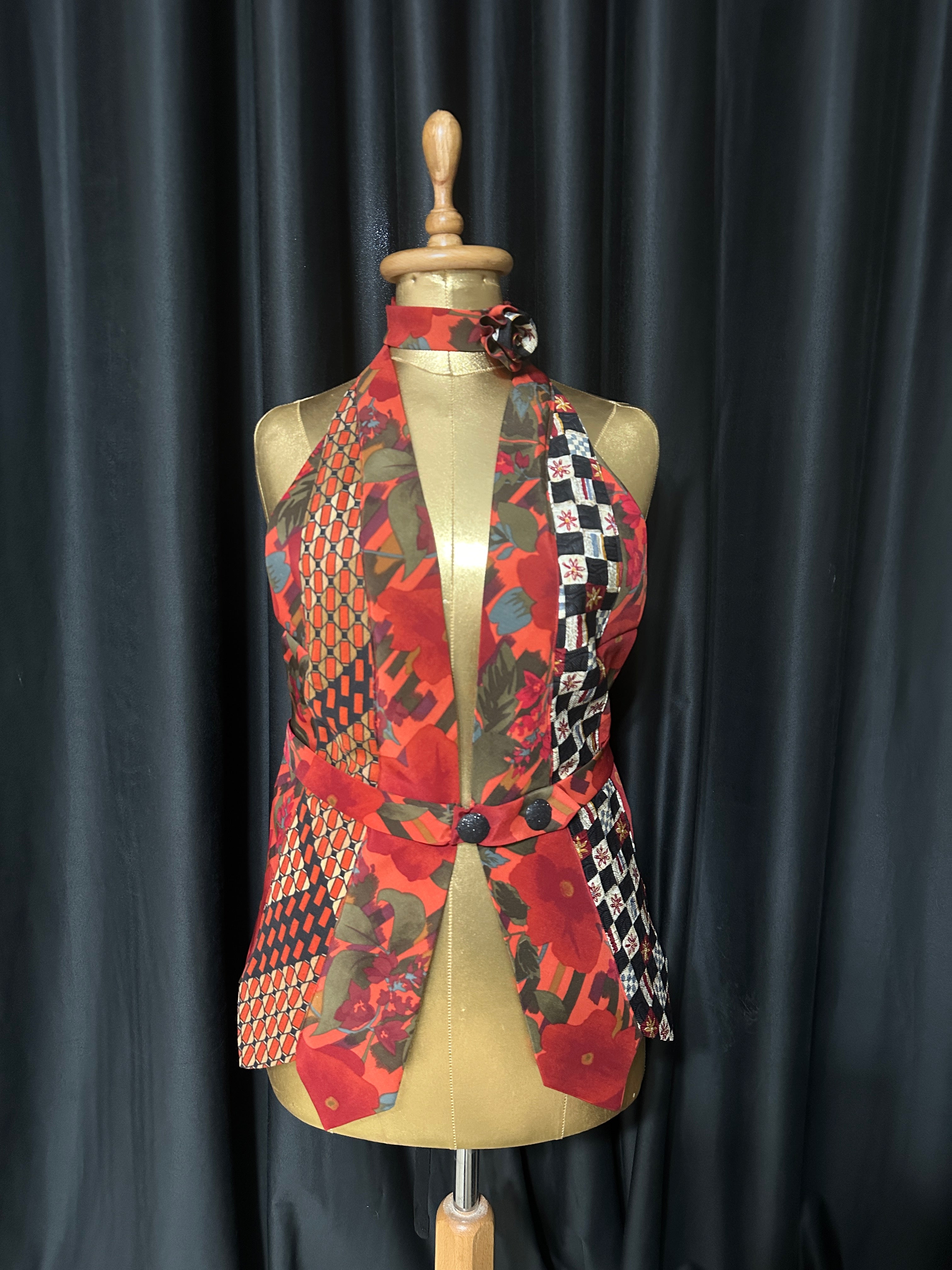 Handmade Upcycled Tie Corset-Back Halter Vest Top & Choker