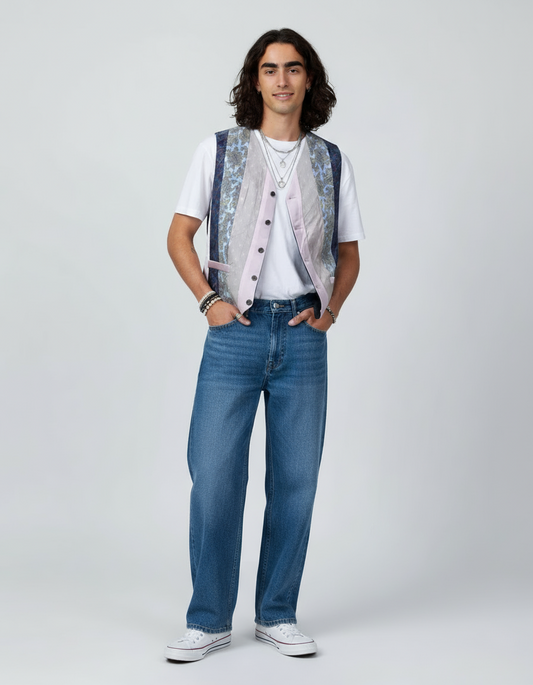 Man wearing a white t-shirt, blue jeans, and a patterned vest on a white background