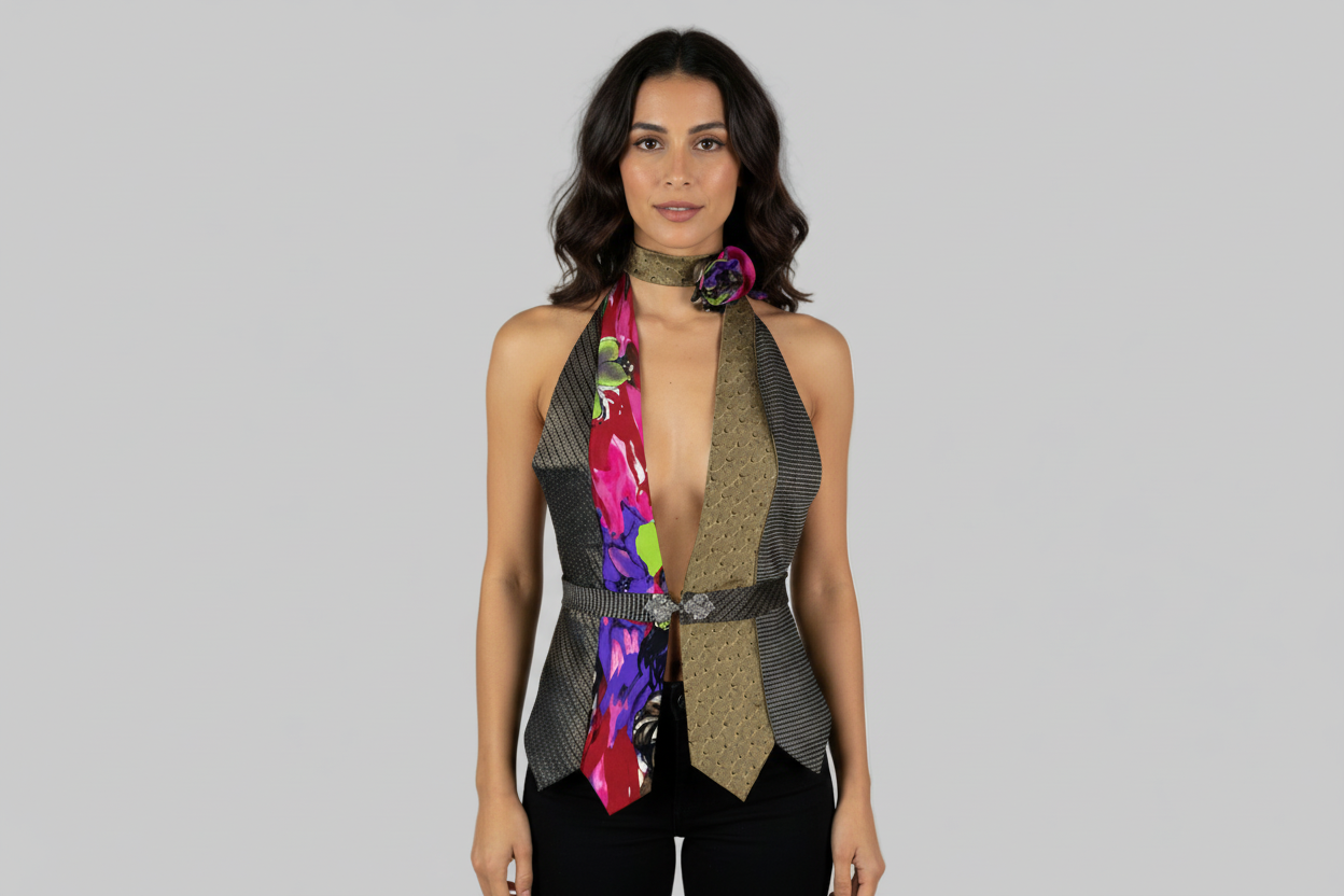 Woman wearing a colorful, patterned vest top with a gray background