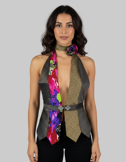 Woman wearing a colorful, patterned vest top with a gray background