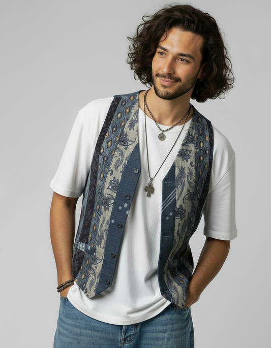 Man wearing a patterned vest over a white shirt with a gray background
