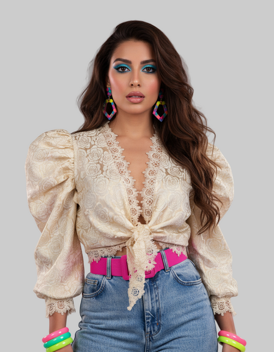 Vintage 80s Cream Brocade Puff-Sleeve Lace Front Tie Blouse