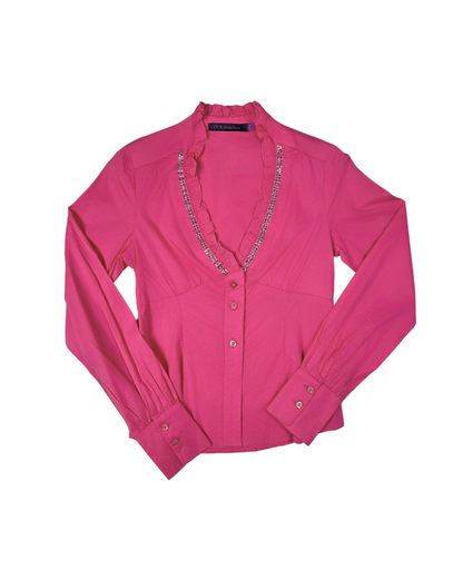 Viva Boutique Couture Hot Pink Rhinestone Trim Ruffle Neck Fitted Shirt -  Small
