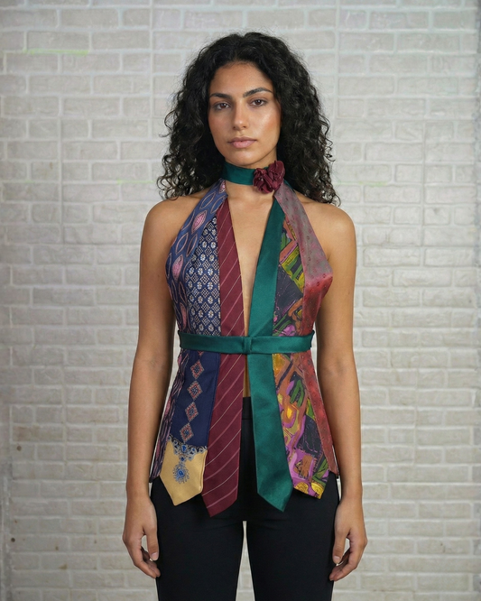 Handmade Upcycled Necktie Halter Vest Top w/ Corset Back & Choker - Medium to XL