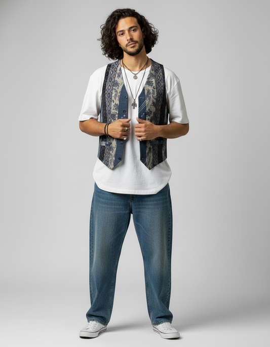 Man wearing a white t-shirt, patterned vest, and blue jeans on a gray background