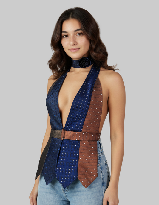 Woman wearing a unique dress with a blue and brown pattern on a gray background